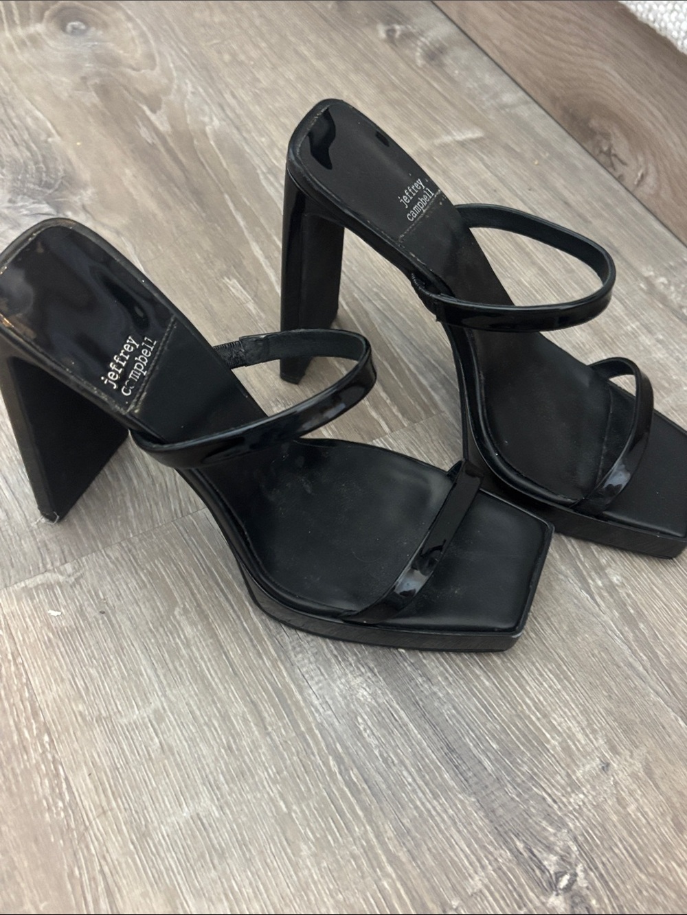 Jeffrey Campbell Black Patent Square-Toe Double-Strap Block Heels